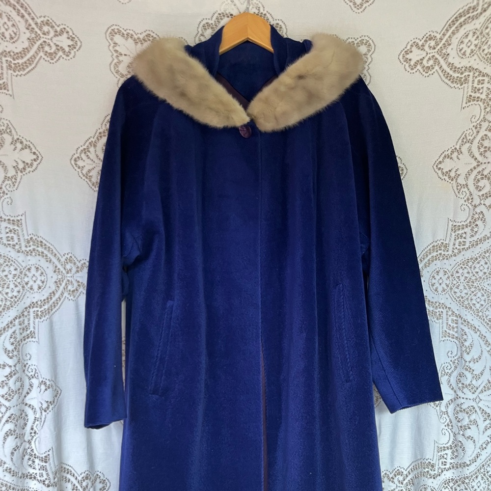 VINTAGE royal blue cape w REAL FUR collar